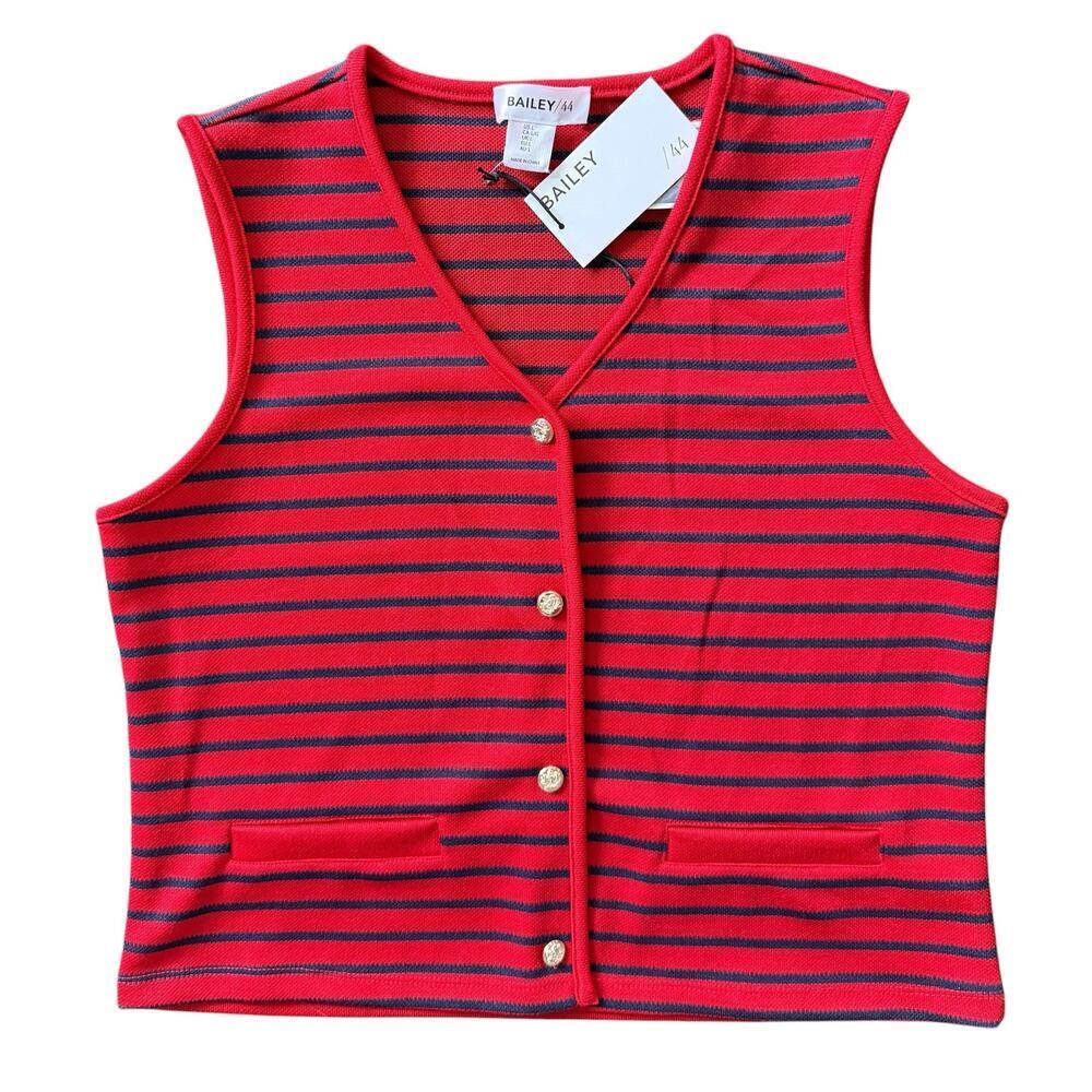NWT Bailey 44 Sz L Red Sleeveless Blue Stripes Gold Button Closure | NWT